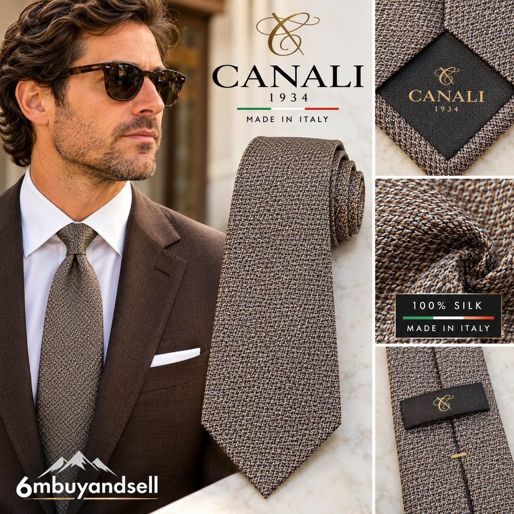 Canali 1934 Silk Tie Mens Brown Tan Micro Weave Geometric Made in Italy